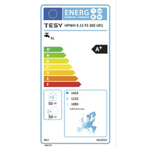 Etichetă energetică pentru un boiler de apă cu clasa de eficiență energetică A+, un nivel de zgomot de 50 decibeli și un consum anual de energie de 1085 kilowați-oră
