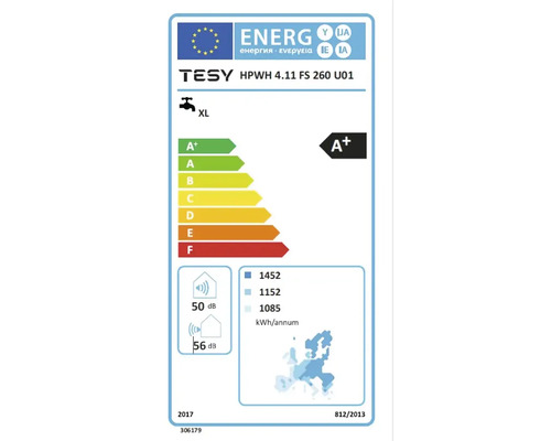 Etichetă energetică pentru un boiler de apă cu clasa de eficiență energetică A+, un nivel de zgomot de 50 decibeli și un consum anual de energie de 1085 kilowați-oră