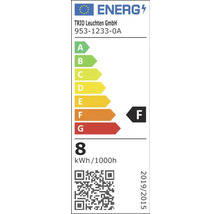 Etichetă energetică cu clasa de eficiență energetică F, logo TRIO Leuchten GmbH, consum de energie 8 kWh la 1000 ore