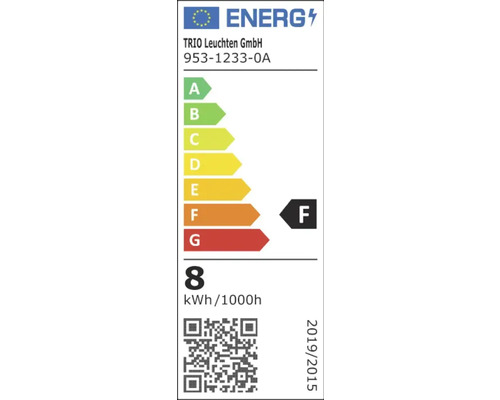 Etichetă energetică cu clasa de eficiență energetică F, logo TRIO Leuchten GmbH, consum de energie 8 kWh la 1000 ore
