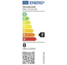 Etichetă energetică cu clasa de eficiență energetică F și un consum de 8 kWh la 1000 de ore