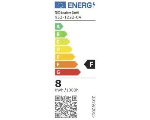 Etichetă energetică cu clasa de eficiență energetică F și un consum de 8 kWh la 1000 de ore