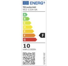 Etichetă energetică cu clasa de eficiență energetică F, logo-ul Trio Leuchten GmbH și un consum de 10 kWh la 1000 de ore