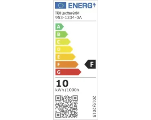 Etichetă energetică cu clasa de eficiență energetică F, logo-ul Trio Leuchten GmbH și un consum de 10 kWh la 1000 de ore