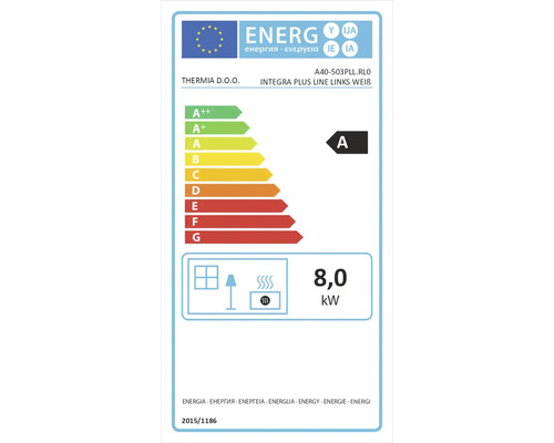 Etichetă energetică pentru dispozitiv de încălzire cu 8,0 kilowați și clasa de eficiență energetică A