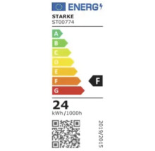 Etichetă energetică cu clasa de eficiență energetică F, consum de energie 24 kWh la 1000 de ore și informații despre producător