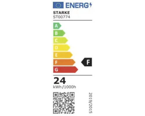 Etichetă energetică cu clasa de eficiență energetică F, consum de energie 24 kWh la 1000 de ore și informații despre producător