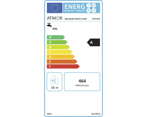 Etichetă energetică UE Atmor 800 Inline White 5,5 kilowați, clasa A, 464 kilowați-oră pe an, 15 decibeli, profil de sarcină XXS.