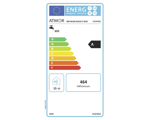 Etichetă energetică Uniunea Europeană Atmor 800 Inline Black 5,5 kilowați. Clasa A, profil XXS, 464 kilowați-oră pe an, 15 decibeli.