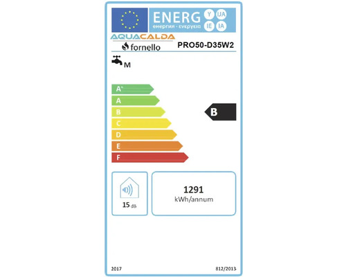Etichetă energetică a Uniunii Europene pentru Aqua Calda Fornello PRO50-D35W2. Clasa B, profil M, 1291 kilowați-oră pe an, 15 decibeli.