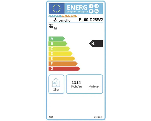 Etichetă energetică UE Aqua Calda Fornello FL50-D28W2, clasa de eficiență energetică B, profil de sarcină M, 1314 kilowați-oră pe an, 15 decibeli.