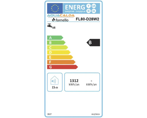 Etichetă energetică europeană pentru Aquacalda Fornello FL80-D28W2, clasa B, 1312 kilowați-oră pe an, 15 decibeli, profil de sarcină M.