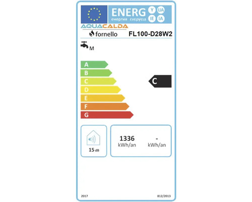 Etichetă energetică Aquacalda Fornello FL100-D28W2, clasa de eficiență energetică C, profil de sarcină M, 1336 kilowați-oră pe an, 15 decibeli.