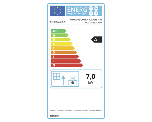 Etichetă energetică europeană pentru Cumulus Omega XL Kalkstein de la Thermia cu clasa de eficiență energetică A și o putere termică de 7,0 Kilowatt.