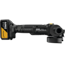 Polizor unghiular DeWalt 18 Volt, motor fără perii, diametru 125 milimetri, acumulator McLaren Special Edition. DeWalt Logo. McLaren Logo.