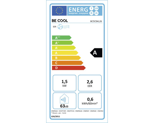Aparat aer condiționat BE COOL BC5CSKL26, clasa A, putere răcire 1,5 kilowați, EER 2,6, 63 decibeli, 0,6 kilowați-oră pe 60 minute.