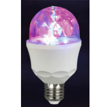 Bec LED pentru petrecere cu carcasă albă, dulie E27 și capac prismatic clar pentru efecte de lumină colorate.