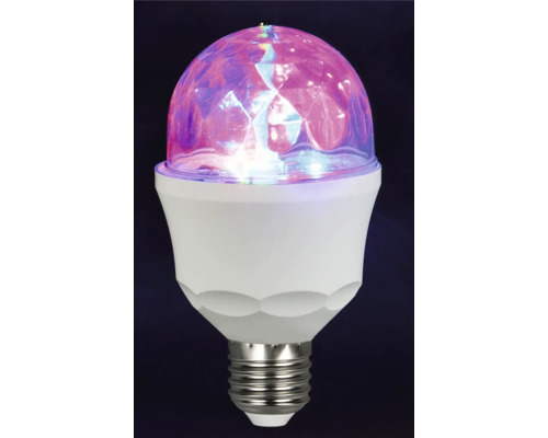 Bec LED pentru petrecere cu carcasă albă, dulie E27 și capac prismatic clar pentru efecte de lumină colorate.
