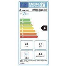 Etichetă energetică UE aparat aer condiționat Hantech HNT-A030-09KR2JH-O VDE, clasa A, putere 2,6 kilowați, nivel zgomot 65 decibeli.