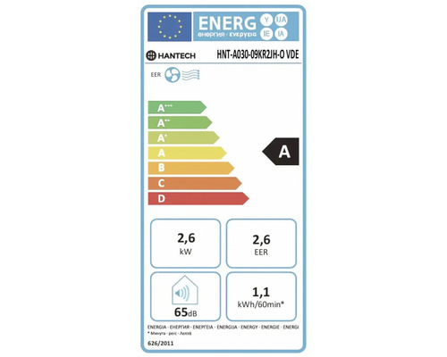 Etichetă energetică UE aparat aer condiționat Hantech HNT-A030-09KR2JH-O VDE, clasa A, putere 2,6 kilowați, nivel zgomot 65 decibeli.