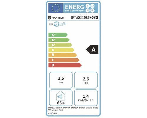 Hantech Logo, etichetă energetică, clasă eficiență energetică A, putere 3,5 kilowatt, rată de eficiență energetică 2,6, nivel zgomot 65 decibeli.