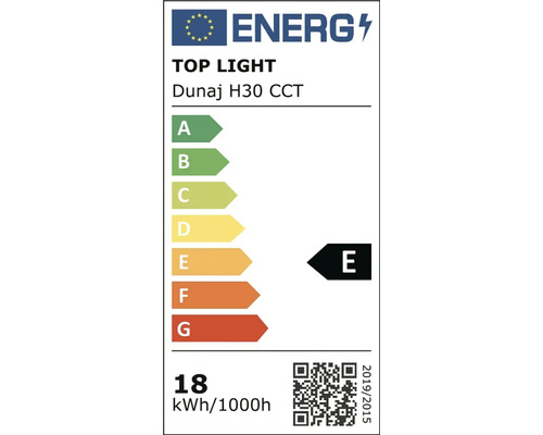 Etichetă energetică pentru TOP LIGHT Dunaj H30 CCT cu clasa de eficiență energetică E și consum de 18 kilowați-oră la 1000 de ore.