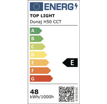 Etichetă energetică europeană clasa E pentru Top Light Dunaj H50 CCT cu un consum de 48 kilowați oră pe 1000 de ore.