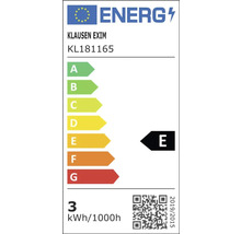 Etichetă energetică UE pentru Klausen Exim KL181165, clasa de eficiență energetică E, 3 kilowați-oră la 1000 de ore.