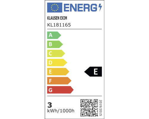 Etichetă energetică UE pentru Klausen Exim KL181165, clasa de eficiență energetică E, 3 kilowați-oră la 1000 de ore.