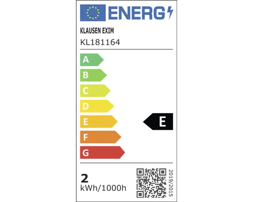 Etichetă energetică a Uniunii Europene Klausen Exim KL181164, clasa de eficiență energetică E, consum 2 kilowați oră la 1000 de ore