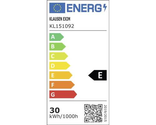 Klausen Exim KL151092 etichetă energetică clasa E, consum de energie 30 kilowați oră la 1000 de ore.