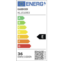 Etichetă energetică UE Klausen Exim model KL151093, clasa de eficiență energetică E, 36 kilowați oră pe 1000 de ore.