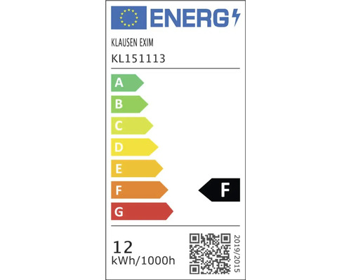 Etichetă energetică a Uniunii Europene pentru Klausen Exim model KL151113, clasa de eficiență energetică F, 12 kilowați oră pe 1000 de ore.