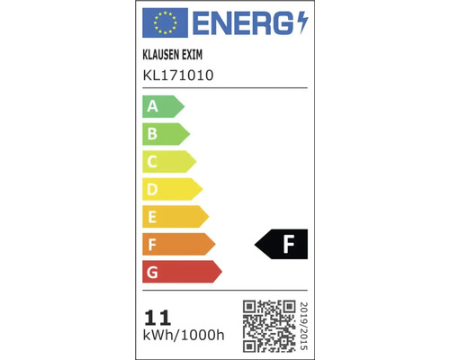 Etichetă energetică a Uniunii Europene pentru Klausen Exim model KL171010, clasa F, 11 kilowați oră la 1000 de ore.