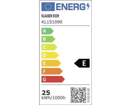 Etichetă energetică UE Klausen Exim KL151090, clasa de eficiență energetică E, consum de energie 25 kilowați-oră la 1000 de ore.
