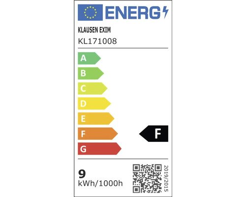Etichetă energetică europeană Klausen Exim KL171008, clasa de eficiență energetică F, scară de la A la G, 9 kilowați-oră la 1000 de ore.