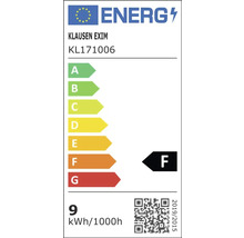 Etichetă energetică europeană pentru Klausen Exim KL171006, clasa de eficiență energetică F, consum 9 kilowați-oră la 1000 de ore.