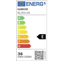 Etichetă energetică europeană pentru Klausen Exim KL151110, clasa de eficiență energetică E, consum de energie 36 kilowați oră la 1000 de ore.
