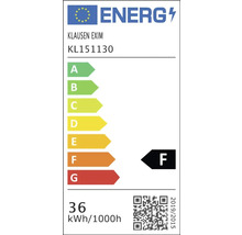 Etichetă energetică UE pentru Klausen Exim KL151130, clasa de eficiență energetică F, consum de energie 36 kilowatt-ore la 1000 de ore.
