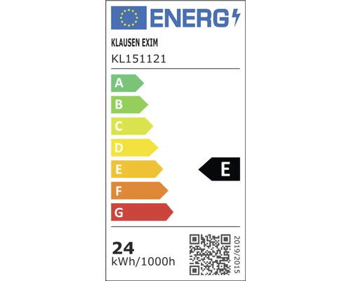 Etichetă energetică pentru Klausen Exim KL151121 cu clasa de eficiență energetică E și consum de 24 kilowați-oră la 1000 de ore.