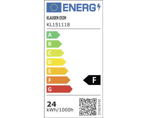 Etichetă energetică UE Klausen Exim KL151118, clasa de eficiență energetică F, 24 kilowați oră la 1000 de ore.