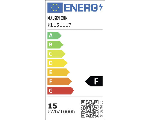 Etichetă energetică europeană Klausen Exim KL151117 cu clasa de eficiență energetică F și consum de 15 kilowați-oră pe 1000 de ore.