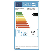 Etichetă energetică europeană pentru sobă Accente International Megan 2.0 cu clasa de eficiență energetică A plus și putere termică de 6,2 kilowați.