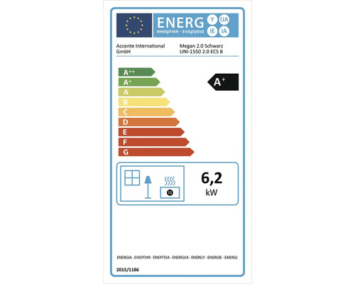 Etichetă energetică europeană pentru sobă Accente International Megan 2.0 cu clasa de eficiență energetică A plus și putere termică de 6,2 kilowați.