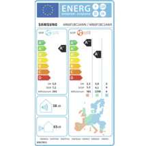 Logo Samsung. Etichetă energetică UE climatizare AR60F18C1AWN. Clasa A plus plus răcire, A plus plus plus încălzire. Zgomot 58 și 65 decibeli.
