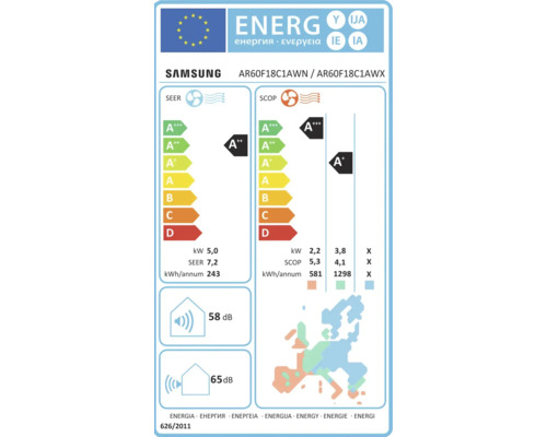Logo Samsung. Etichetă energetică UE climatizare AR60F18C1AWN. Clasa A plus plus răcire, A plus plus plus încălzire. Zgomot 58 și 65 decibeli.