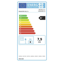 Etichetă energetică UE pentru Panadero Mistral 3V și Harmonie 3V, clasă de eficiență energetică A plus, 7,9 kilowați.