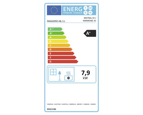 Etichetă energetică UE pentru Panadero Mistral 3V și Harmonie 3V, clasă de eficiență energetică A plus, 7,9 kilowați.