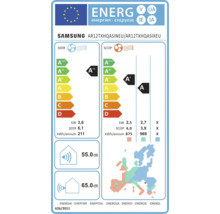 Etichetă energetică Samsung pentru aer condiționat AR12TXHQASINEU. Răcire A plus plus, încălzire A plus. Zgomot 55 decibeli interior, 65 exterior.