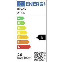 Etichetă energetică UE pentru Elvon 20736, clasa de eficiență energetică E, consum de energie 20 kilowați-oră la 1000 de ore.